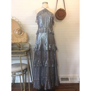 Willow & Clay Metallic Baby Blue Lace Ruffle Tiered Maxi Dress NWT